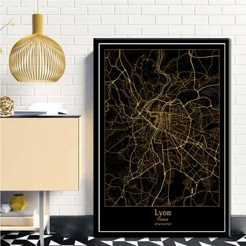 Lyon, Prancūzija Black&Gold Miesto Šviesos Žemėlapiai Užsakymą Pasaulio Miesto Žemėlapį, Plakatai, Drobė Spausdina Šiaurės Stiliaus Sienos Menas Namų Dekoro