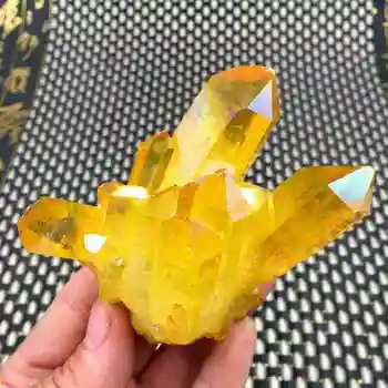 KARŠTO Gražus electroplate geltona aura kvarco kristalo skydelis su rainbow šviesos natūralaus akmens ir mineralinės namų dekoro kaip gif