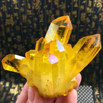 KARŠTO Gražus electroplate geltona aura kvarco kristalo skydelis su rainbow šviesos natūralaus akmens ir mineralinės namų dekoro kaip gif