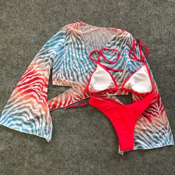 3pc Bikini Komplektas su Atitikimo Padengti Iki String Seksualios Mikro Biquini Spausdinti 2020 Metų Vasaros Plaukimo Kostiumas Moterims Paplūdimio Maudymosi Kostiumai