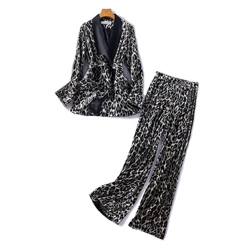 Nauja rudens ir žiemos moterų kostiumas kelnės-dviejų dalių kostiumėlį Aukso aksomo leopardas spausdinti ponios striukė elegantiškas kelnės aukštos kokybės