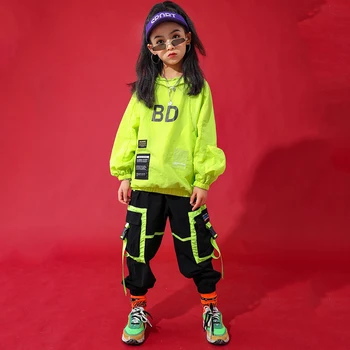 Hip-Hop Drabužiai Vaikams Šokių Kostiumai Žiemos Neoninė Žalia ilgomis Rankovėmis Kostiumas Jazz Street Wear Vaikų Diena Hip-Hop Kostiumas
