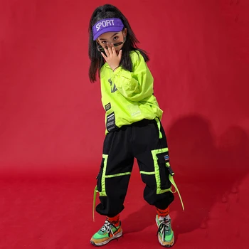 Hip-Hop Drabužiai Vaikams Šokių Kostiumai Žiemos Neoninė Žalia ilgomis Rankovėmis Kostiumas Jazz Street Wear Vaikų Diena Hip-Hop Kostiumas