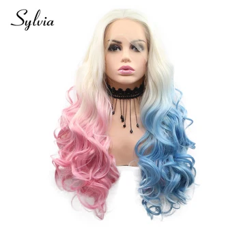 Sylvia Platinum Blonde Mėlyna/Rožinė Ombre Kūno Banga Sintetinių Nėriniai Priekiniai Perukai Gamtos Pusę Mėlyna/rožinė Karščiui Atsparus Pluoštas Plaukų