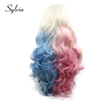 Sylvia Platinum Blonde Mėlyna/Rožinė Ombre Kūno Banga Sintetinių Nėriniai Priekiniai Perukai Gamtos Pusę Mėlyna/rožinė Karščiui Atsparus Pluoštas Plaukų
