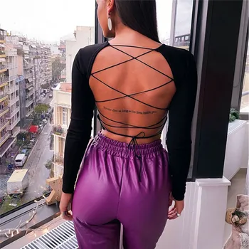 Sexy Moteris Backless Nėriniai-up Long Sleeve Wrap T-shirt Clubwear 2020 