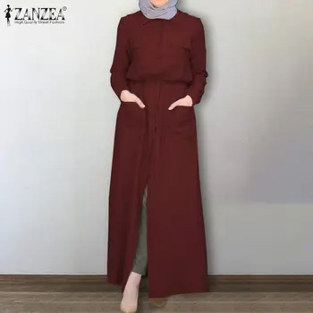 Ilgi Marškinėliai-Suknelė ZANZEA Elegantiškas Moterų Atsitiktinis Atvartas Kaklo, ilgomis Rankovėmis Musulmonų Suknelė, Hijab Rudenį Raišteliu Sundress Abaja Vestido