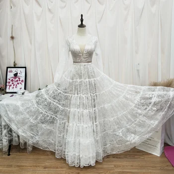 Long Sleeve Lace Vestuvių Suknelės, V-Kaklo, Šampanas pamušalas Vestuvinės Suknelės Princesė Boho Noivas DW174