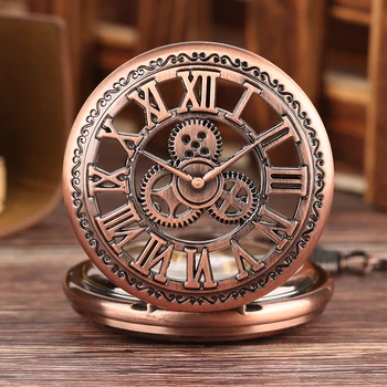 Fob Mechaninė Vertus Likvidavimo Kišeniniai Laikrodžiai Su Grandinės Steampunk Karoliai Pavarų Tuščiaviduriai Raudona Bronza Romos Numeriai Unisex Žiūrėti reloj