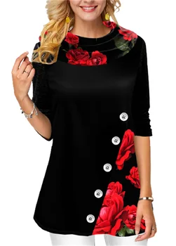 Mados Moterų Marškinėliai Pavasario ilgomis Rankovėmis Viršūnes Gėlių Spausdinti Susiėmę-neck Tee 3XL Plius Dydis Moterų Drabužiai Atsitiktinis Mygtuką T-Shirt