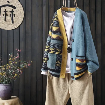 2021 m. rudens ir žiemos atitikimo didelės kišenės ilgomis rankovėmis susegamas išorinis megztiniai megztinis moterims laisvi literatūros V-kaklo džemperis