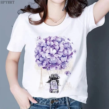 Vasaros moterų trumparankoviai gėlių spausdinimo mados T-shirt Harajuku viršūnes moterų marškinėliai atsitiktinis o-kaklo streetwear baltos spalvos Marškinėlius