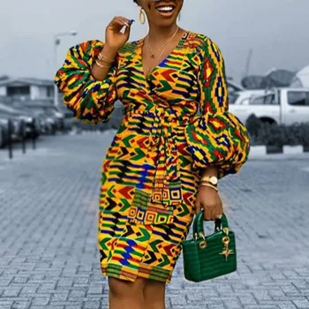 Afrikos Suknelė Moterims V Kaklo Puffl Rankovės Bodycon Kelio Ilgis Rūbeliai 2021 M. Rudens Mados Atspausdinta Suknelės Plius Dydžio Juosmens Diržas