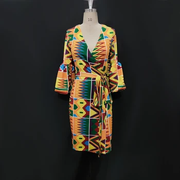 Afrikos Suknelė Moterims V Kaklo Puffl Rankovės Bodycon Kelio Ilgis Rūbeliai 2021 M. Rudens Mados Atspausdinta Suknelės Plius Dydžio Juosmens Diržas