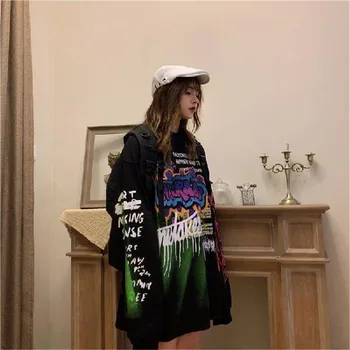 Rudens Drabužių Mados Korėjos Viršūnes Tees Ponios Punk Streetwear Moterų Džinsinio Audinio Atspausdintas T Vintage Marškinėliai Ilgomis Rankovėmis Marškinėlius Mergaitės
