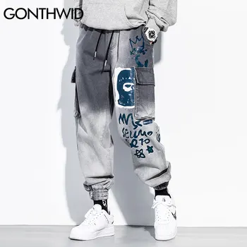 GONTHWID Grafiti Džinsus, Džinsinį audinį Krovinių Kelnės Streetwear Hip-Hop Atsitiktinis Multi-Kišenės, Baggy Laisvi Džinsai Harajuku Riedlentė Kelnės