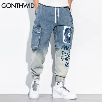 GONTHWID Grafiti Džinsus, Džinsinį audinį Krovinių Kelnės Streetwear Hip-Hop Atsitiktinis Multi-Kišenės, Baggy Laisvi Džinsai Harajuku Riedlentė Kelnės