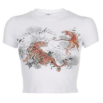 Vasarą Moterys trumpomis Rankovėmis Tigras Spausdinti Slim marškinėliai 2020 Naują Atsitiktinis O kaklas Trumpas Apkarpyti Tees Viršūnes Mergaitėms