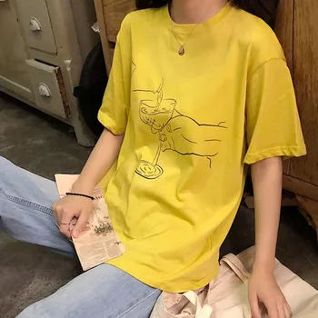 Genayooa Vasaros Grafinis Tees Moterų, O Kaklo Harajuku Marškinėliai Moterims Atsitiktinis Geltona Tee Viršūnes Korėjiečių Drabužius, Vintage Marškinėliai 2021