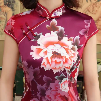 Sheng Kokosų Ponios Viskozė Cheongsam Suknelės Vyno Raudona Trumpas Qipao Derliaus Cheongsam Vestidos Elegantiškas Plonas Plius Dydis Spausdinti Chipao