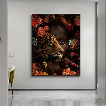 MUTU Šiuolaikinio Namų Dekoro Leopardas ir Juoda moteris, Aliejus, Tapyba ant Drobės, Plakatų ir grafikos Sienos Meno Nuotrauka už kambarį