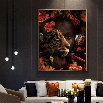 MUTU Šiuolaikinio Namų Dekoro Leopardas ir Juoda moteris, Aliejus, Tapyba ant Drobės, Plakatų ir grafikos Sienos Meno Nuotrauka už kambarį