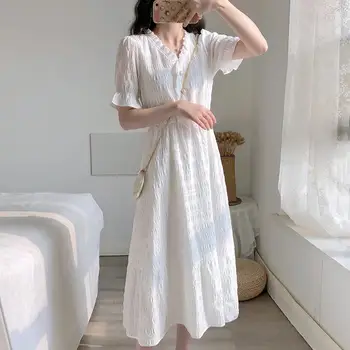 Suknelė Moterims Vintage White Populiarus Vasaros Elegantiškos Dizaino Kolegijos Mergaičių Suknelės Mielas Ruffles Aukšto Juosmens Elegantiškas Ponios Atostogų Dėvėti