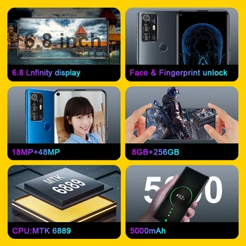 Naujausias 6.8 colių V19 Pro Išmaniojo telefono Snapdragon855 4 Kameros 18+48MP 8GB RAM 256 GB ROM Face ID Deka Core Mobiliojo Telefono Pasaulio Versija