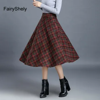 FairyShely 2020 m. Rudens Žiemos Aukšto Juosmens Skėtis Maxi Sijonas Moterims Atsitiktinis Kišenėje Vilnonių Tinklelis Sijonas moterų Blyksnius Pledas Ilgas sijonas