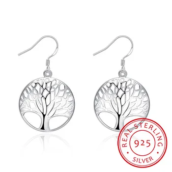 Gyvybės medis 925 sterlingas sidabro Lašas Auskarai Moterims Tuščiaviduriai Iš Medžio Modelio Apvalūs Auskarai moda mujer Papuošalai 2019 Pendientes