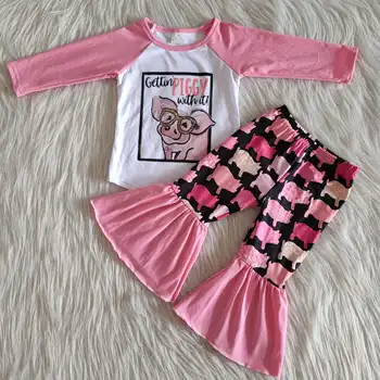 Mielas kiaulių mergina patenka apranga gyvūnų vaikams drabužių rožinė bell dugnu kelnes rožinė cute baby girl boutique 2-piece set