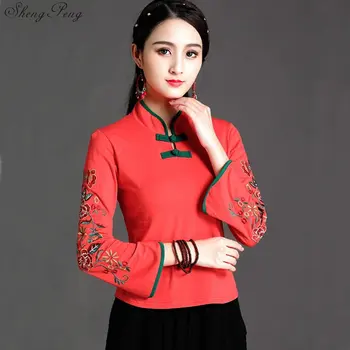Tradicinės kinų palaidinė marškinėliai topai moterų mandarinų apykaklės rytų marškinėliai moteriška palaidinė elegantiškas cheongsam viršuje V1743