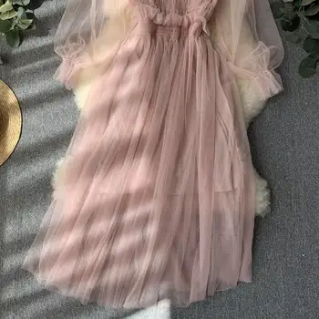 Kawaii Suknelė Moterims Rožinės Spalvos Tiulio Sluoksniuotos Rankovėmis Suknelė Seksualus Šalies Pynimas Rudens Suknelės 2019 Korėjos Mielas Tinklelio, Ilgomis Rankovėmis Drabužius, Juoda