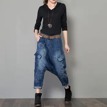 Naujas Drop-tarpkojo Haremas Džinsinio audinio Kelnės Moterims BF Stiliaus Kaubojus Poilsiu Kelnes siuvinėjimo Streetwear šokių baggy kryžiaus Džinsai su diržu