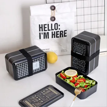 BPA Free Plastiko Priešpiečių Dėžutė Dvigubo Sluoksnio Maisto Konteineryje Daugiafunkcį Suaugusiųjų Lady Vaikas Lunchbox Microwaveable Black Box 2000ml