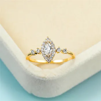 Prabanga Moterų White Crystal Akmens Žiedas, Geltonos Aukso Plonas Vestuviniai Žiedai Moterims Senovinių Vestuvių Lapų Vestuvinis Žiedas