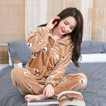 Storas Flanelė Žiemos Moterų Pižama Komplektas Gėlė Ilgomis Rankovėmis Sleepwear Šiltas Atsitiktinis Homewear Moteriškos Pižamos Pijama