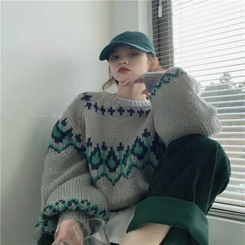 Kalėdų žakardo nukentėjo spalvos megztas megztinis prarasti negabaritinių tingus stiliaus visas rungtynes, puloveriai atsitiktinis mados kietas, minkštas puloveriai