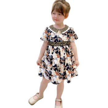 Nauja Vasaros aukštos kokybės mada vaikams mergina drabužių medvilnės trumpomis rankovėmis susiuvimo firminio stiliaus raštą, gėlių mergaičių suknelės, 2-8 metų