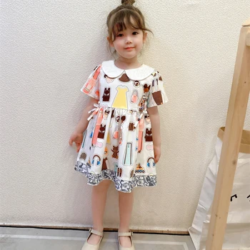 Nauja Vasaros aukštos kokybės mada vaikams mergina drabužių medvilnės trumpomis rankovėmis susiuvimo firminio stiliaus raštą, gėlių mergaičių suknelės, 2-8 metų