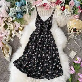 2020 metų Vasaros Nauji moteriški gėlių spausdinti dirželis v apykaklės, juosmens šifono pasakų suknelė moterų elegantiškas-line paplūdimio suknelės