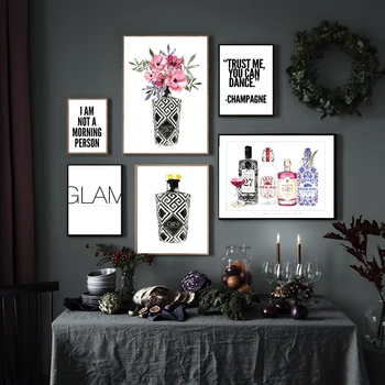 Gėlių Gin Vyno Plakatas Juoda Balta Šampano Glam Citata Virtuvės Sienos Meno Spausdinti Drobė, Tapyba, Modernus Nuotraukas Valgomojo Kambario Dekoro