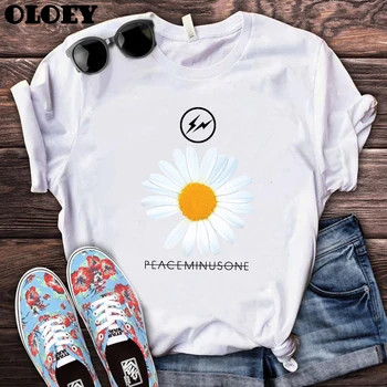 2020 metų Vasaros Moterų G-DRAGON Daisy Spausdinti marškinėliai Topai PEACEMINUSONE Logotipas marškinėliai Mados Hip-Hop Streetwear 