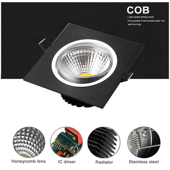Juodas Kvadratas Pritemdomi COB LED Downlight 9W 7W 14W 18W 24W 30W LED Embedded Lubų LED Downlight COB Vietoje Šviesos AC90-265V 3000K