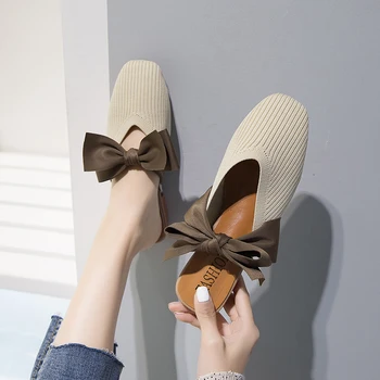 Moterų batai šlepetės 2019 m. pavasarį ir rudenį naujų megztų drabužių mados lankas Mulų batai