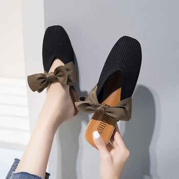 Moterų batai šlepetės 2019 m. pavasarį ir rudenį naujų megztų drabužių mados lankas Mulų batai