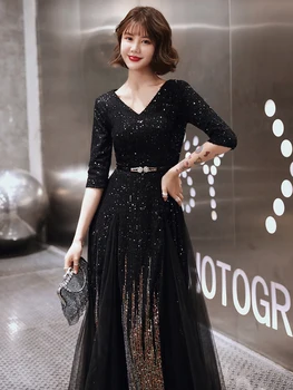 AE719 Vakaro Suknelės 2021 Juoda China V-kaklo Sparkle Elegantiškas, Šiek tiek-line Tiulio Ilgai Moterų Oficialią Šalies Prom Chalatai