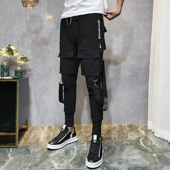 Vyrų Mados Kelnės darbo drabužių Streetwear Juodos Haremo Kelnės Juostelės Kišenės Hip-Hop Jogger Kelnės Laisvalaikio Kelnės Kelnės 2020 Naujas