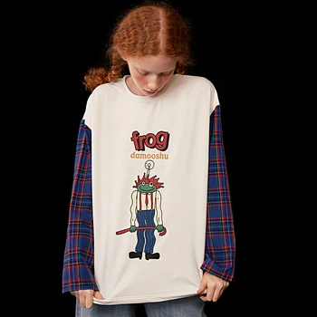 Mados Naujų Pavasario Moterys Tee Marškinėliai ilgomis Rankovėmis Viršūnes Negraži Varlė Atspausdintas T-shirt Pledas ilgomis Rankovėmis Atsitiktinis Preppy Stiliaus Marškinėlius