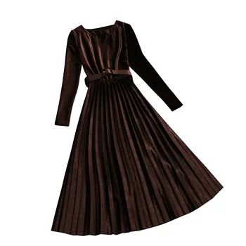 2020 m. pavasarį, rudenį naujų moterys ilgomis rankovėmis chic juosmens pasakų aksomo suknelė-moteriška, O-kaklo derliaus elegantiškas plisuotos suknelės